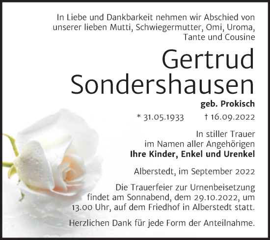 Traueranzeige von Gertrud Sondershausen von Trauerkombi Merseburg