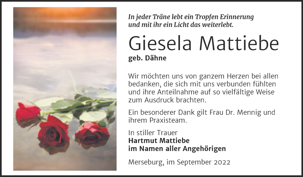  Traueranzeige für Giesela Mattiebe vom 22.10.2022 aus Trauerkombi Merseburg