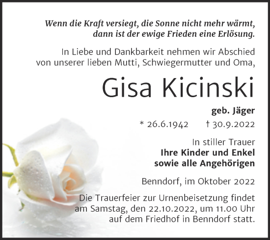 Traueranzeige von Gisa Kicinski von Trauerkombi Mansfelder Land