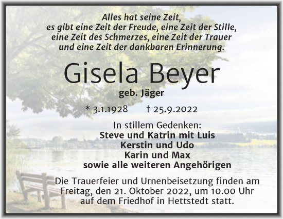 Traueranzeige von Gisela Beyer von Trauerkombi Mansfelder Land