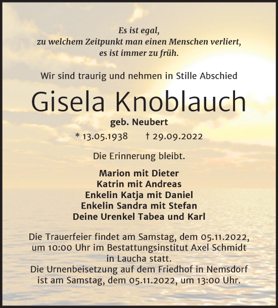 Traueranzeige von Gisela Knoblauch von Trauerkombi Merseburg