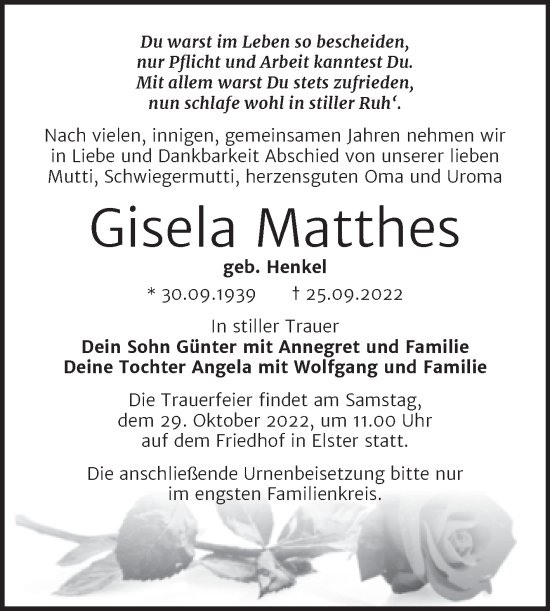 Traueranzeige von Gisela Matthes von Trauerkombi Wittenberg