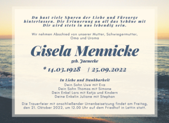 Traueranzeige von Gisela Mennicke von Mitteldeutsche Zeitung Halle/Saalkreis