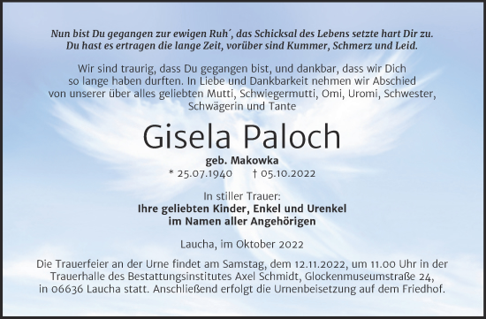 Traueranzeige von Gisela Paloch von Wochenspiegel Naumburg/Nebra