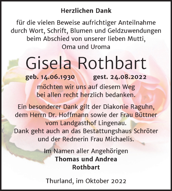 Traueranzeige von Gisela Rothbart von Trauerkombi Bitterfeld
