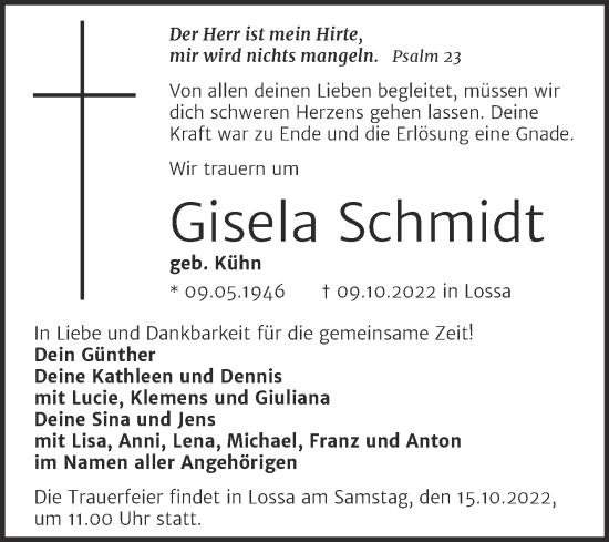 Traueranzeige von Gisela Schmidt von Naumburger Tageblatt