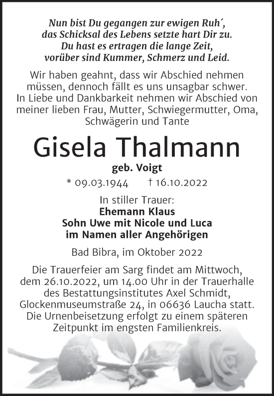Traueranzeige von Gisela Thalmann von Naumburger Tageblatt