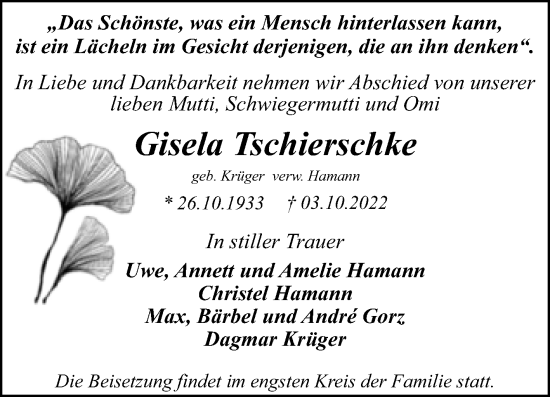 Traueranzeige von Gisela Tschierschke von Trauerkombi Dessau