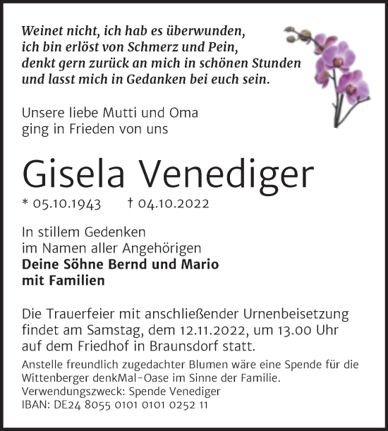 Traueranzeige von Gisela Venediger von Trauerkombi Wittenberg