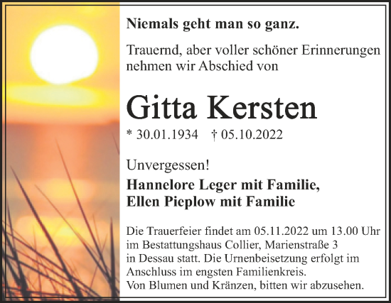 Traueranzeige von Gitta Kersten von Trauerkombi Dessau