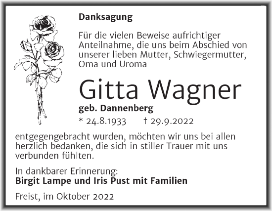 Traueranzeige von Gitta Wagner von Trauerkombi Mansfelder Land