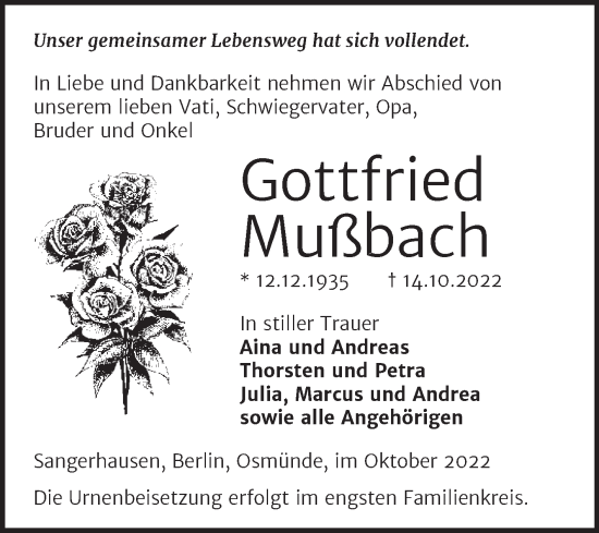 Traueranzeige von Gottfried Mußbach von Trauerkombi Sangerhausen