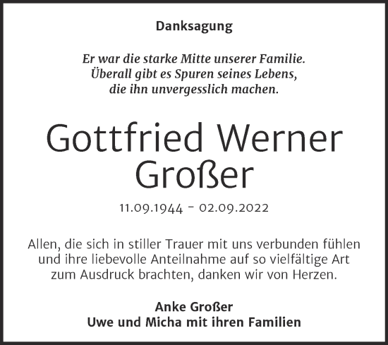 Traueranzeige von Gottfried Werner Großer von Wochenspiegel Naumburg/Nebra