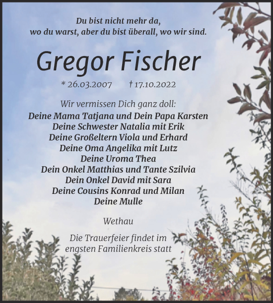 Traueranzeige von Gregor Fischer von Wochenspiegel Naumburg/Nebra