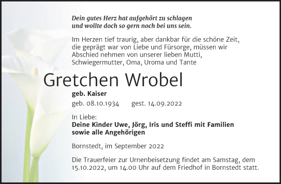 Traueranzeige von Gretchen Wrobel von Trauerkombi Mansfelder Land