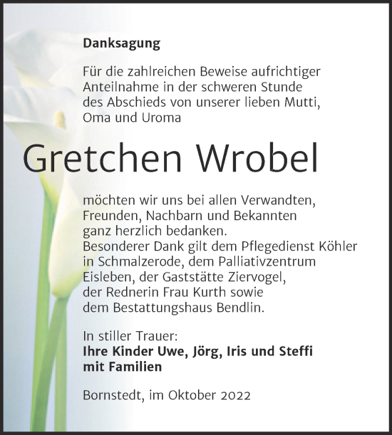 Traueranzeige von Gretchen Wrobel von Trauerkombi Mansfelder Land