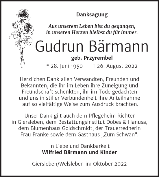 Traueranzeige von Gudrun Bärmann von Mitteldeutsche Zeitung Aschersleben