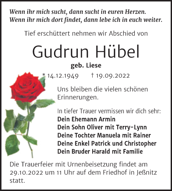 Traueranzeige von Gudrun Hübel von Trauerkombi Bitterfeld