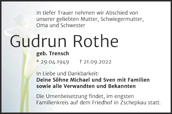 Traueranzeige von Gudrun Rothe von Trauerkombi Bitterfeld