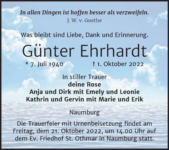 Traueranzeige von Günter Ehrhardt von Naumburger Tageblatt