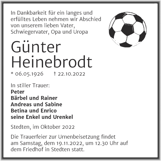 Traueranzeige von Günter Heinebrodt von Trauerkombi Mansfelder Land