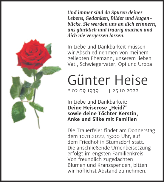 Traueranzeige von Günter Heise von Trauerkombi Bitterfeld