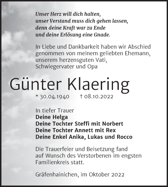 Traueranzeige von Günter Klaering von Trauerkombi Wittenberg