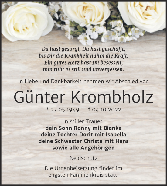 Traueranzeige von Günter Krombholz von Wochenspiegel Naumburg/Nebra