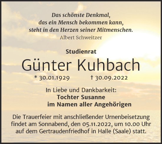 Traueranzeige von Günter Kuhbach von Mitteldeutsche Zeitung Halle/Saalkreis