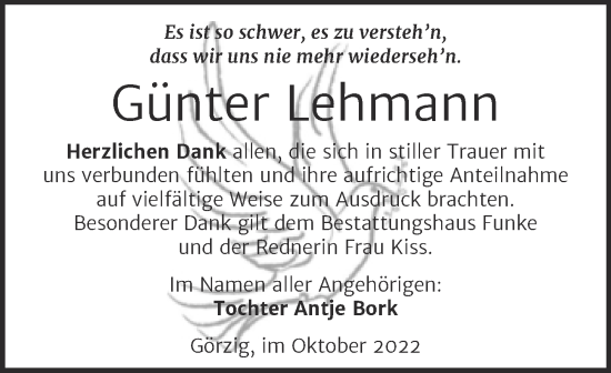 Traueranzeige von Günter Lehmann von Trauerkombi Köthen