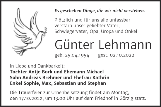Traueranzeige von Günter Lehmann von Trauerkombi Köthen