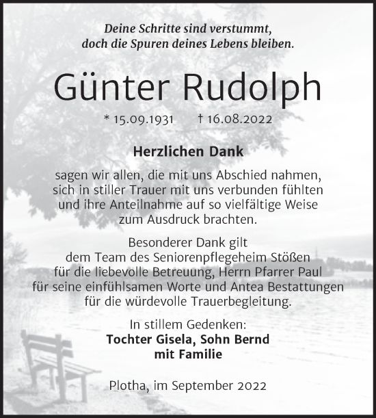 Traueranzeige von Günter Rudolph von Trauerkombi Weißenfels