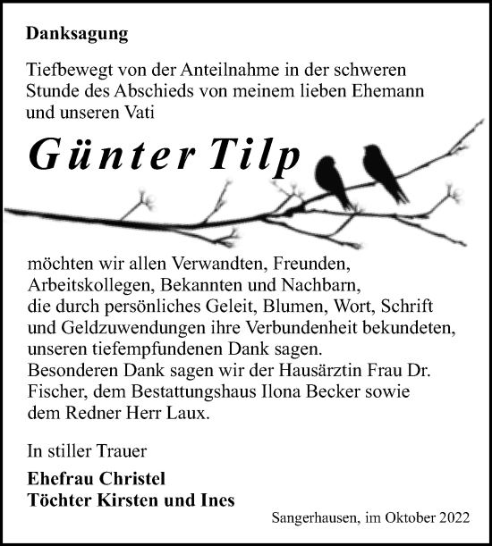 Traueranzeige von Günter Tilp von Trauerkombi Sangerhausen