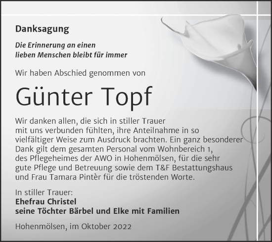 Traueranzeige von Günter Topf von Trauerkombi Weißenfels