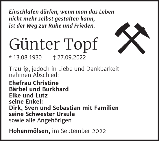 Traueranzeige von Günter Topf von Trauerkombi Weißenfels