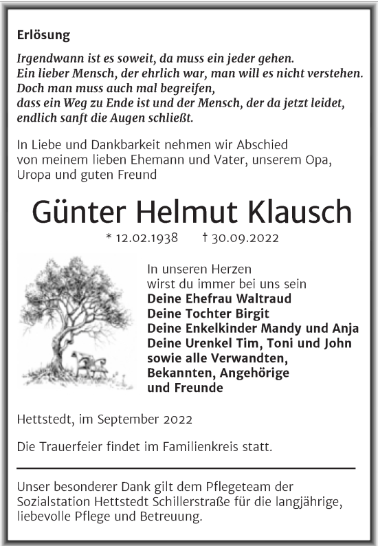 Traueranzeige von Günter Helmut Klausch von Trauerkombi Mansfelder Land