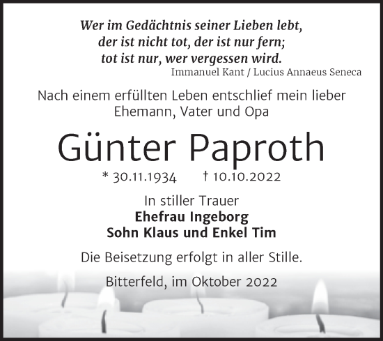 Traueranzeige von Gunter Paproth von Trauerkombi Bitterfeld