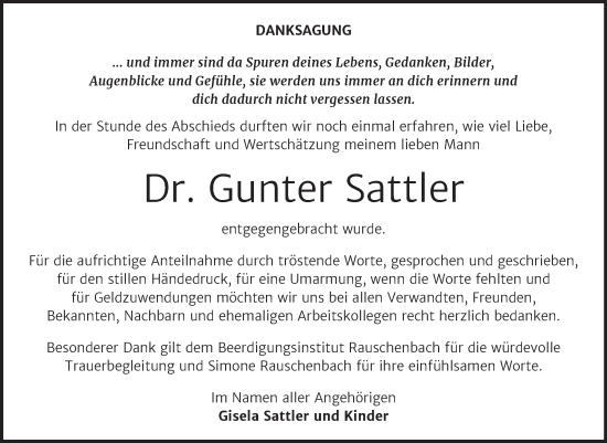 Traueranzeige von Gunter Sattler von Naumburger Tageblatt
