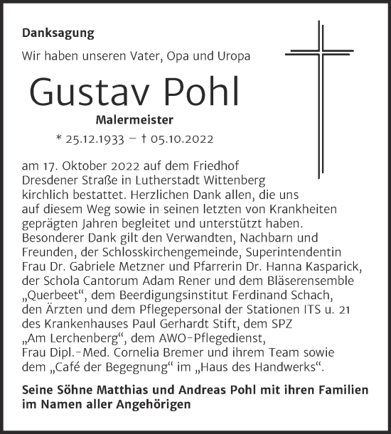 Traueranzeige von Gustav Pohl von Trauerkombi Wittenberg