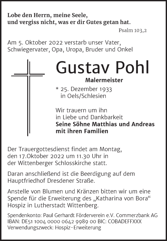 Traueranzeige von Gustav Pohl von Trauerkombi Wittenberg