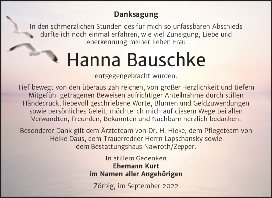 Traueranzeige von Hanna Bauschke von Trauerkombi Bitterfeld