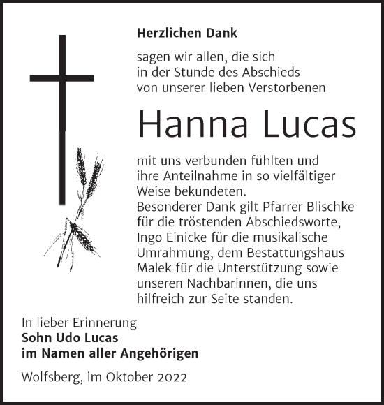 Traueranzeige von Hanna Lucas von Trauerkombi Sangerhausen