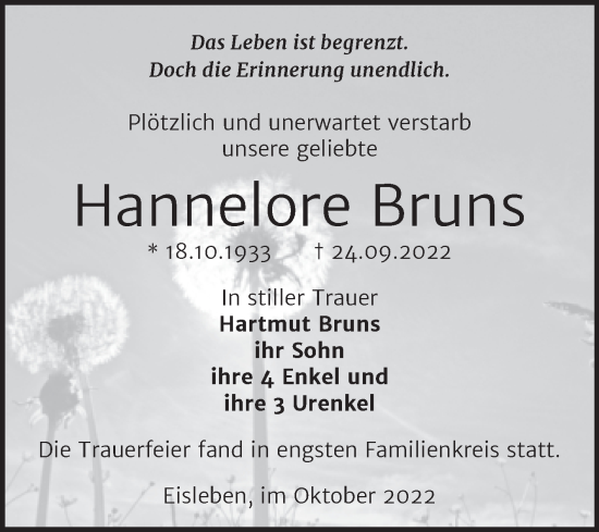 Traueranzeige von Hannelore Bruns von Trauerkombi Mansfelder Land