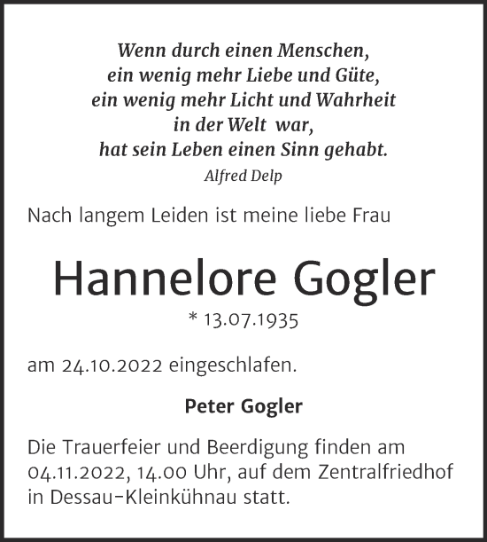 Traueranzeige von Hannelore Gogler von Trauerkombi Dessau
