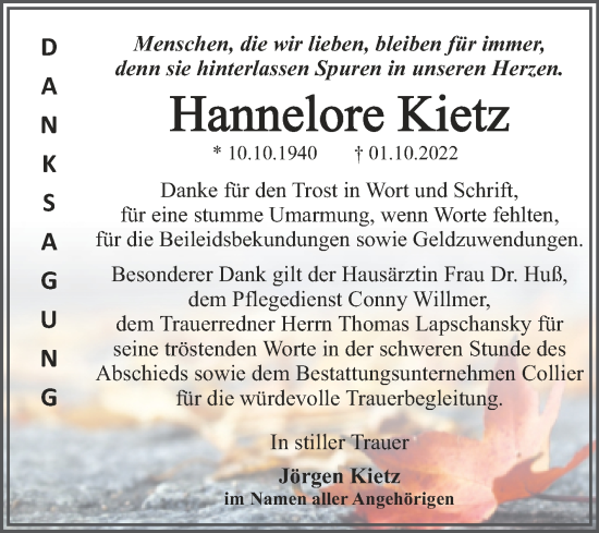 Traueranzeige von Hannelore Kietz von Trauerkombi Dessau