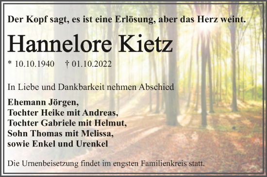 Traueranzeige von Hannelore Kietz von Trauerkombi Dessau
