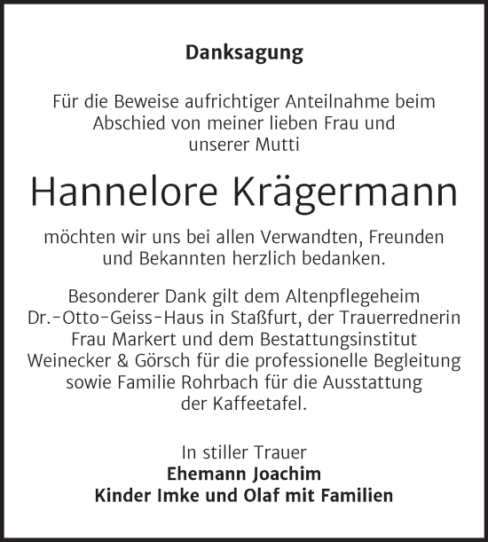 Traueranzeige von Hannelore Krägermann von Trauerkombi Bernburg