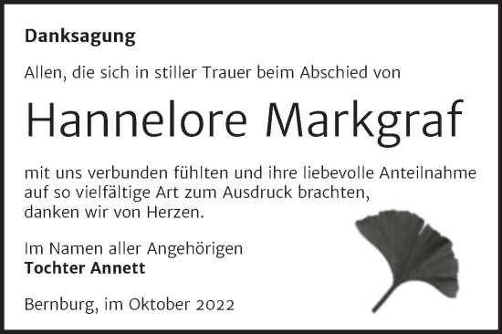 Traueranzeige von Hannelore Markgraf von Trauerkombi Bernburg
