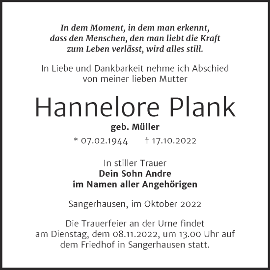 Traueranzeige von Hannelore Plank von Trauerkombi Sangerhausen