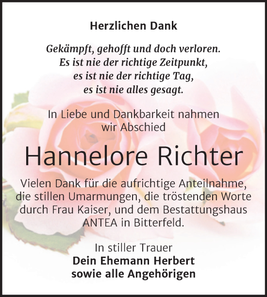 Traueranzeige von Hannelore Richter von Trauerkombi Bitterfeld